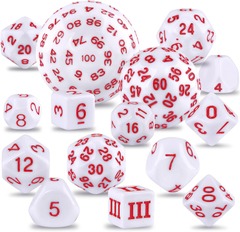 15 Pieces Complete Polyhedral Game Dice Set D3-D100 (White & Red)